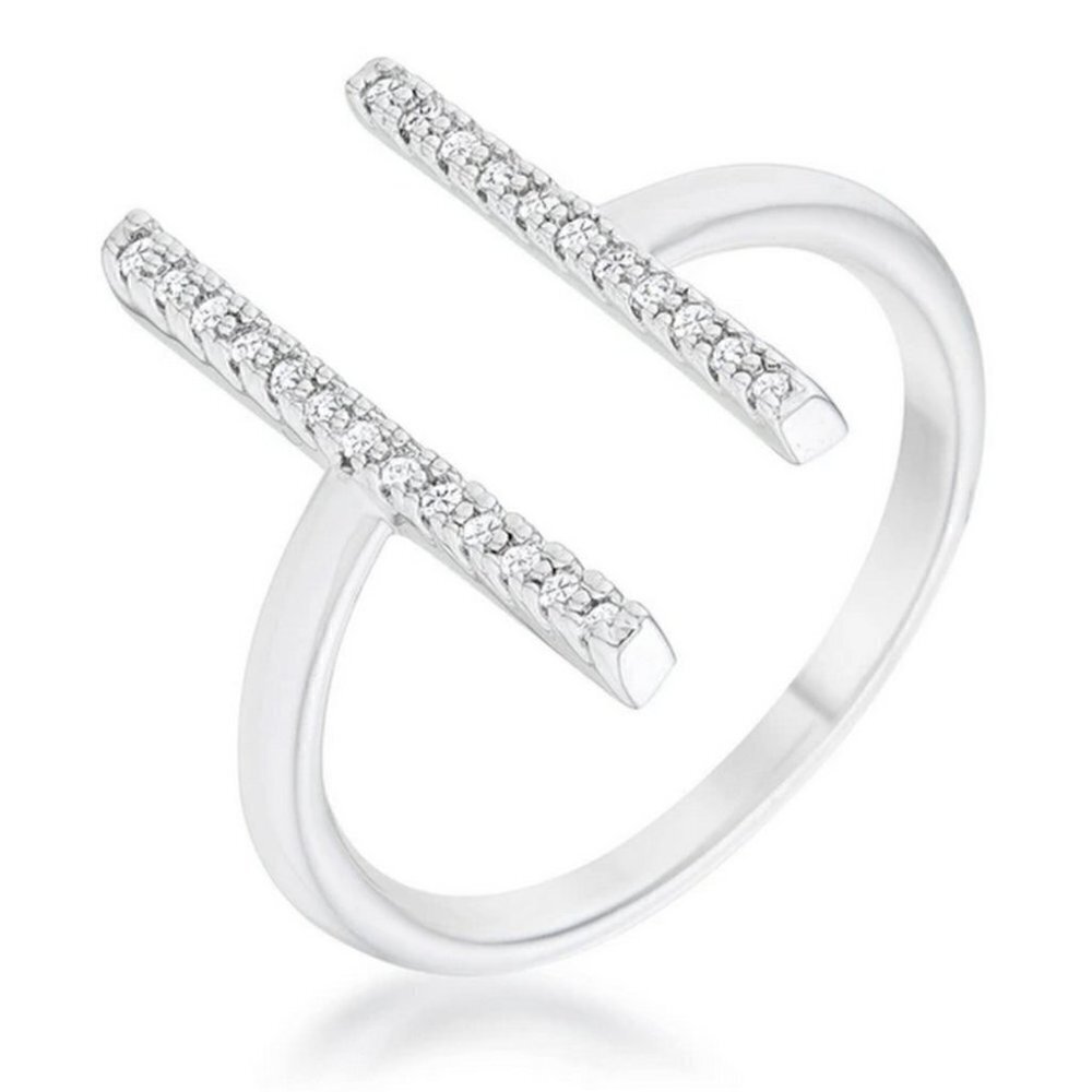 Wide Parallel Line Open Band Cz Clear Cubic Zirconia Cross Silver Brass Ring 10
